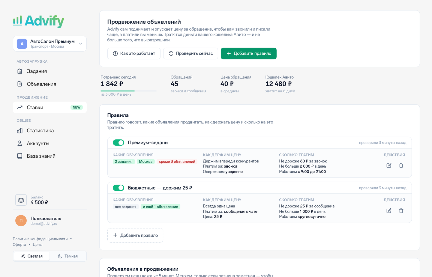 Бид-менеджер Advify для Авито: правила ставок, потолок цены обращения и дневной бюджет