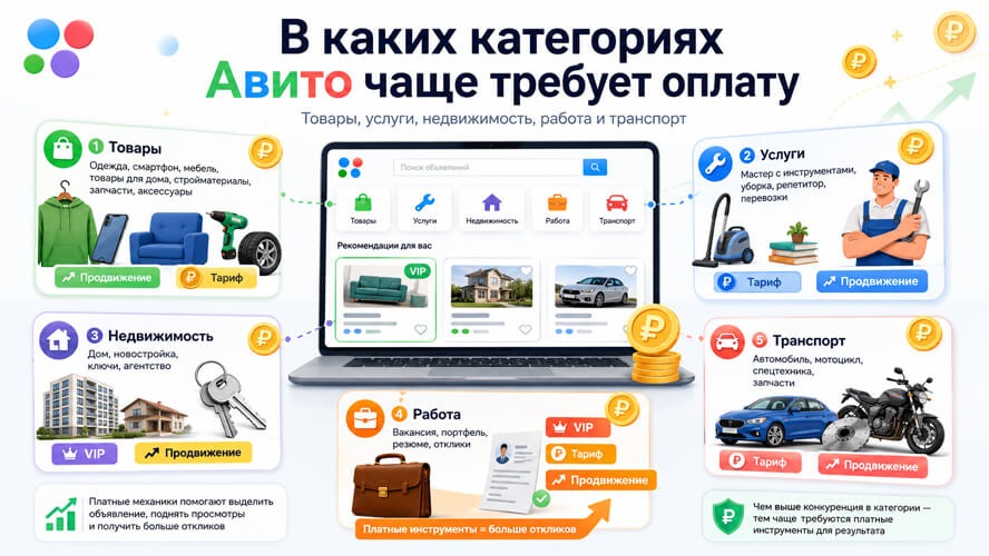 Схема категорий Авито, где чаще используются платные инструменты размещения и продвижения