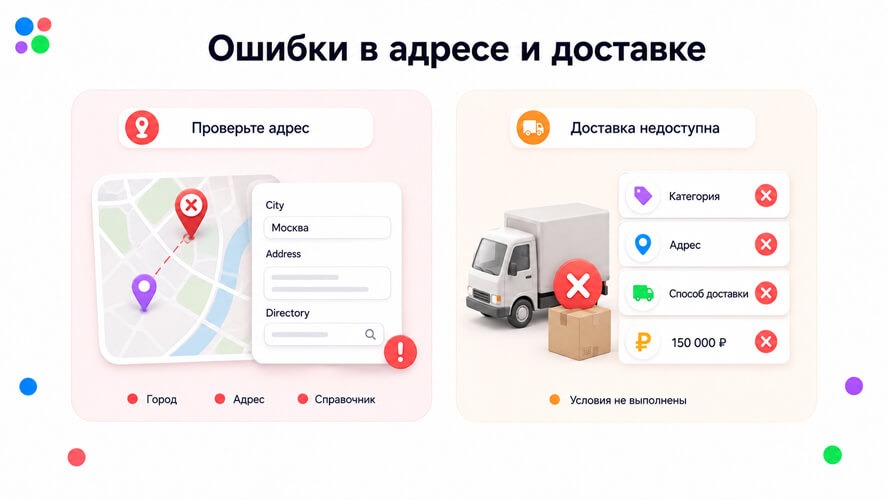 Описание ошибки в адресе и доставке